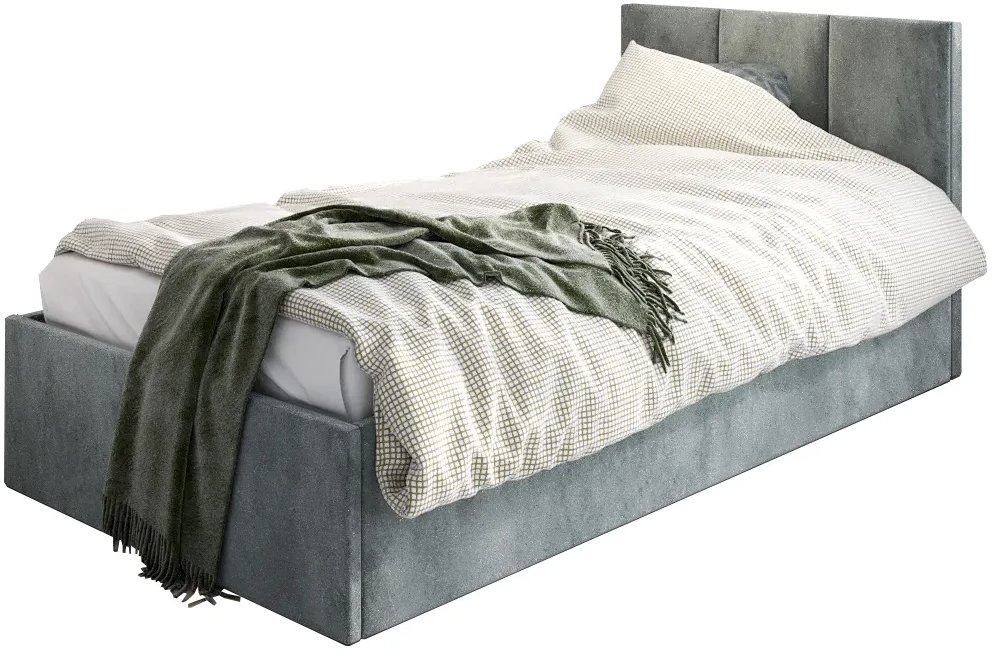 Łóżko młodzieżowe VIVO 90x200 jasne szare z tapicerowanym panelem i pojemnikiem na pościel MKPOL
