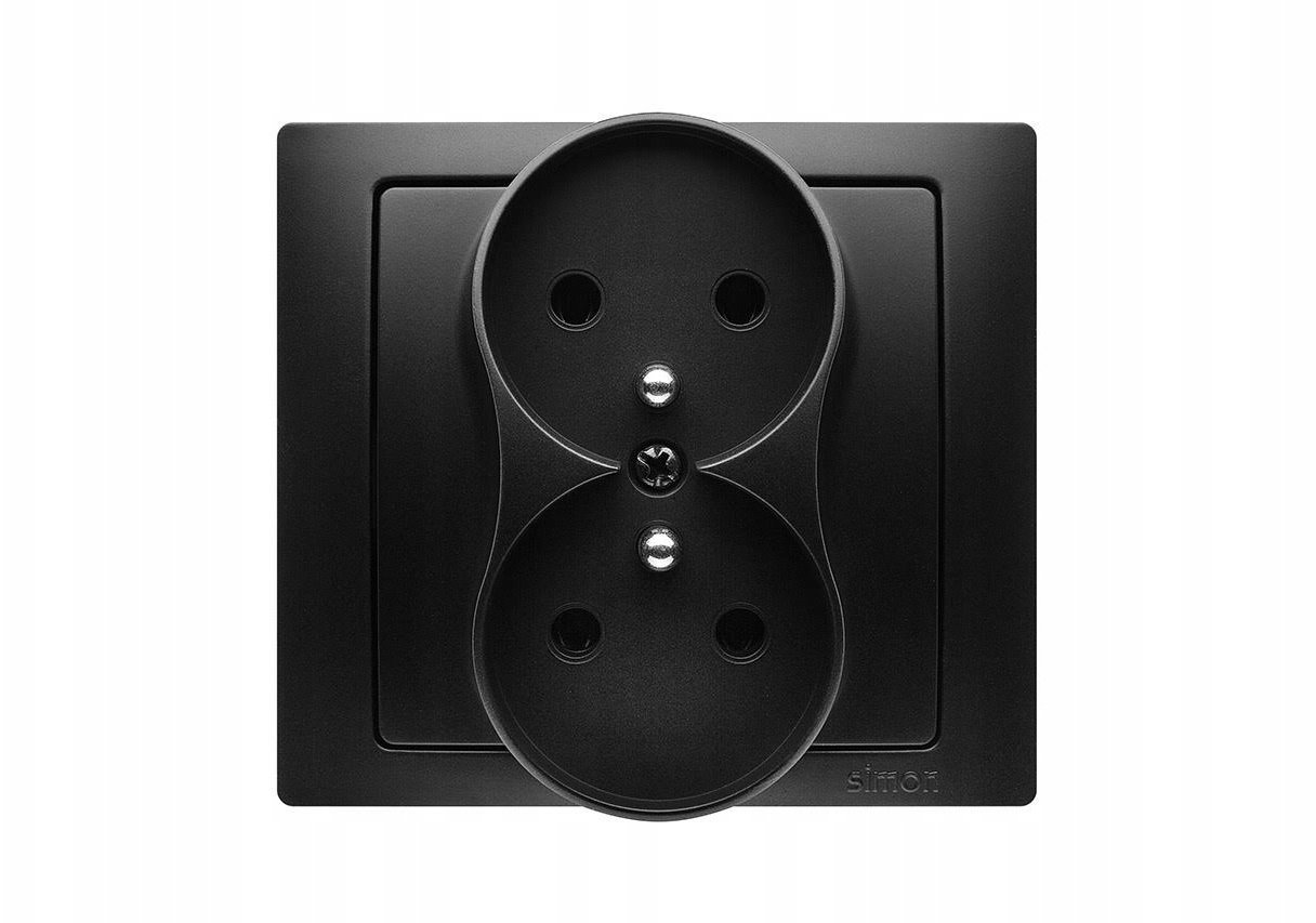 Simon Basic Gniazdo wtyczkowe z uziemieniem podwójne, monoblok, z przesł.torów prądowych zac.śrubowe czarny kompletne BMGZ2Z/49