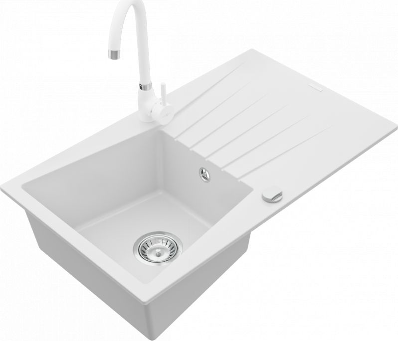 Zlewozmywak Mexen Cesar granitowy 1-komorowy z ociekaczem i baterią kuchenną Telma, biały - 6514-20-670200-20