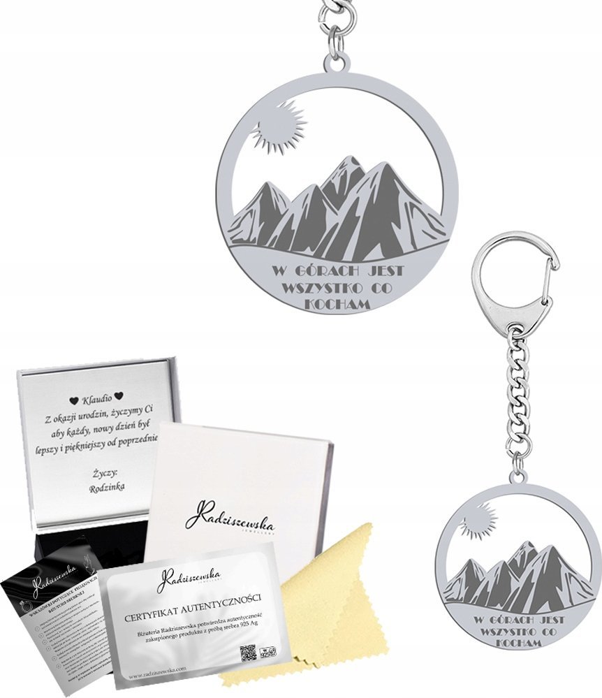 Radziszewska Jewellery BRELOK DO KLUCZY Z GÓRAMI GÓRY Z GRAWEREM PREZENT REBRO 925 ŻYCZENIA GRATIS