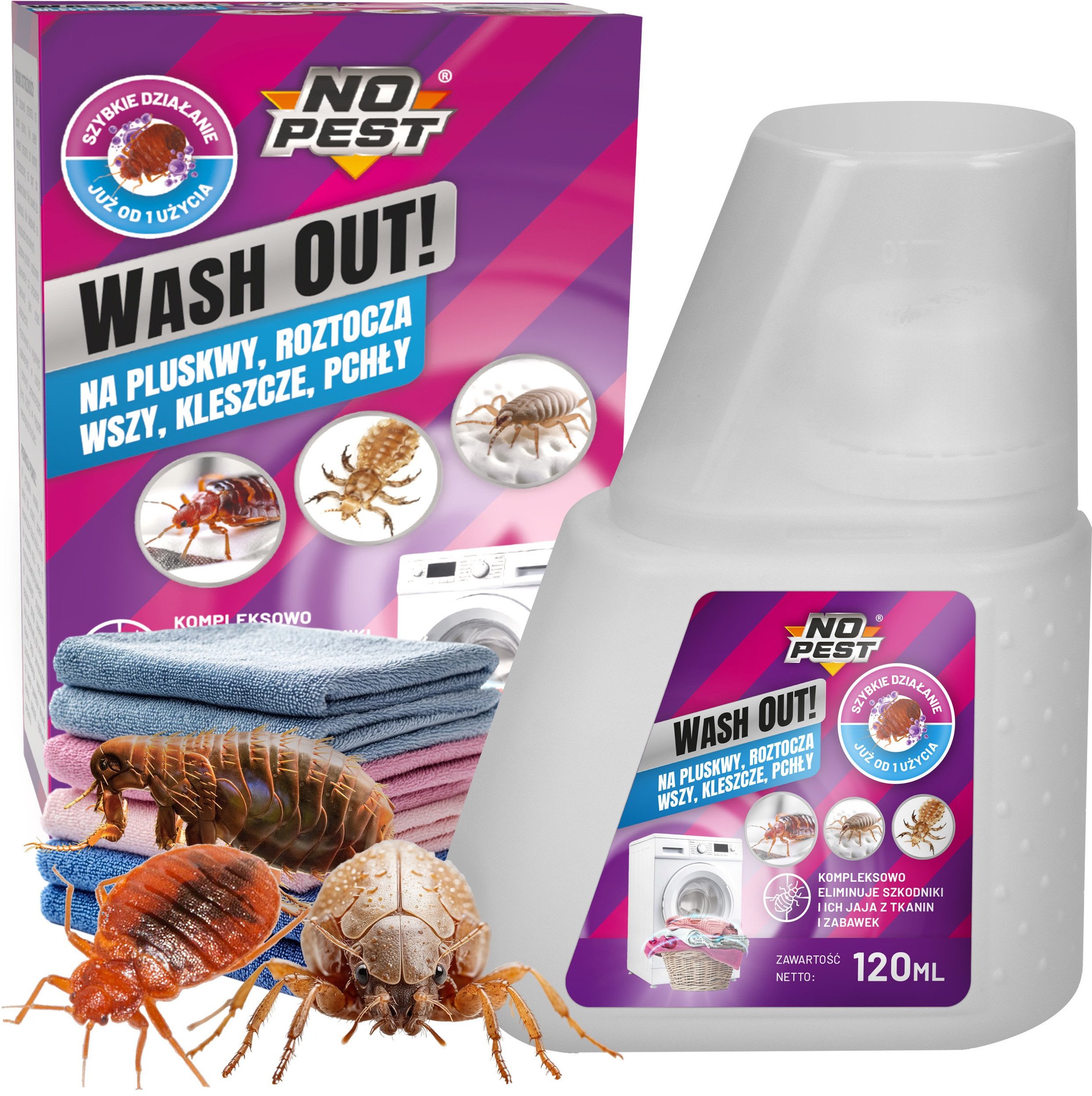 Środek Płyn Preparat do Prania na Pluskwy Roztocza Wszy Kleszcze Pchły i Ich Jaja oraz Larwy 120ml "Wash Out!" do Pralki