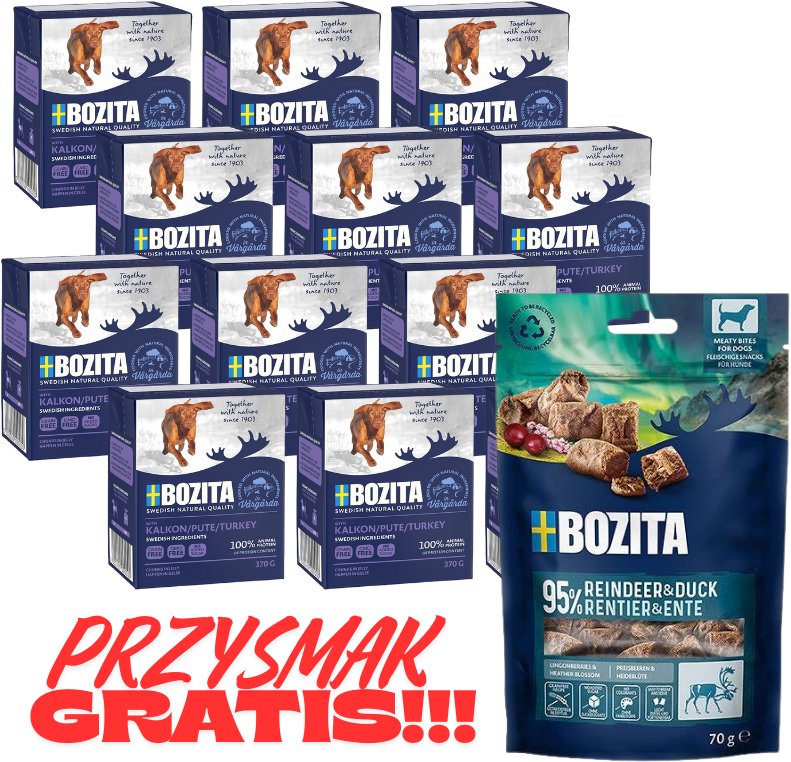BOZITA Dog: Indyk w galarecie 12x370g + BOZITA Meaty Bites renifer z kaczką przysmak pies 70g GRATIS!!!