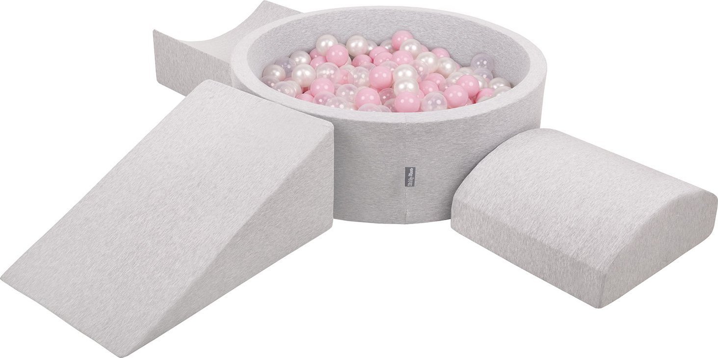 KiddyMoon Piankowy plac zabaw PPZP-OK30D-114 z piłeczkami jasnoszary: pudrowy róż-perła-transparent basen 200/klin L/rampa L/półwałek L Zabawka plac z