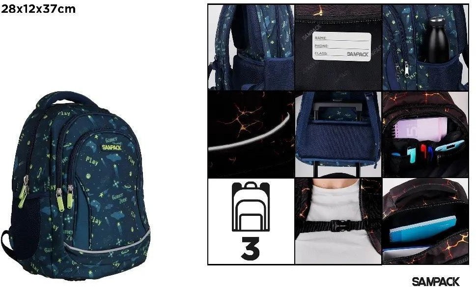 Plecak trzykomorowy Play granatowy 28x12x37cm