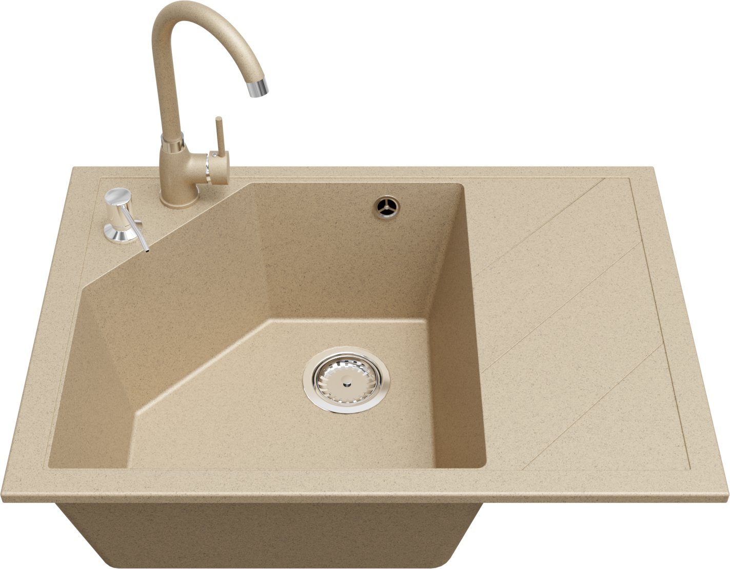 Zlewozmywak jednokomorowy z ociekaczem LUBA beż + bateria NOON + dozownik