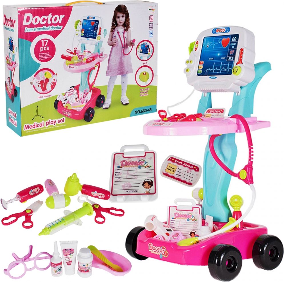 MalPlay Mały Doktor Lekarz Zestaw Lekarski na wózku Mobilny Do Reanimacji 17 el. RÓŻOWY
