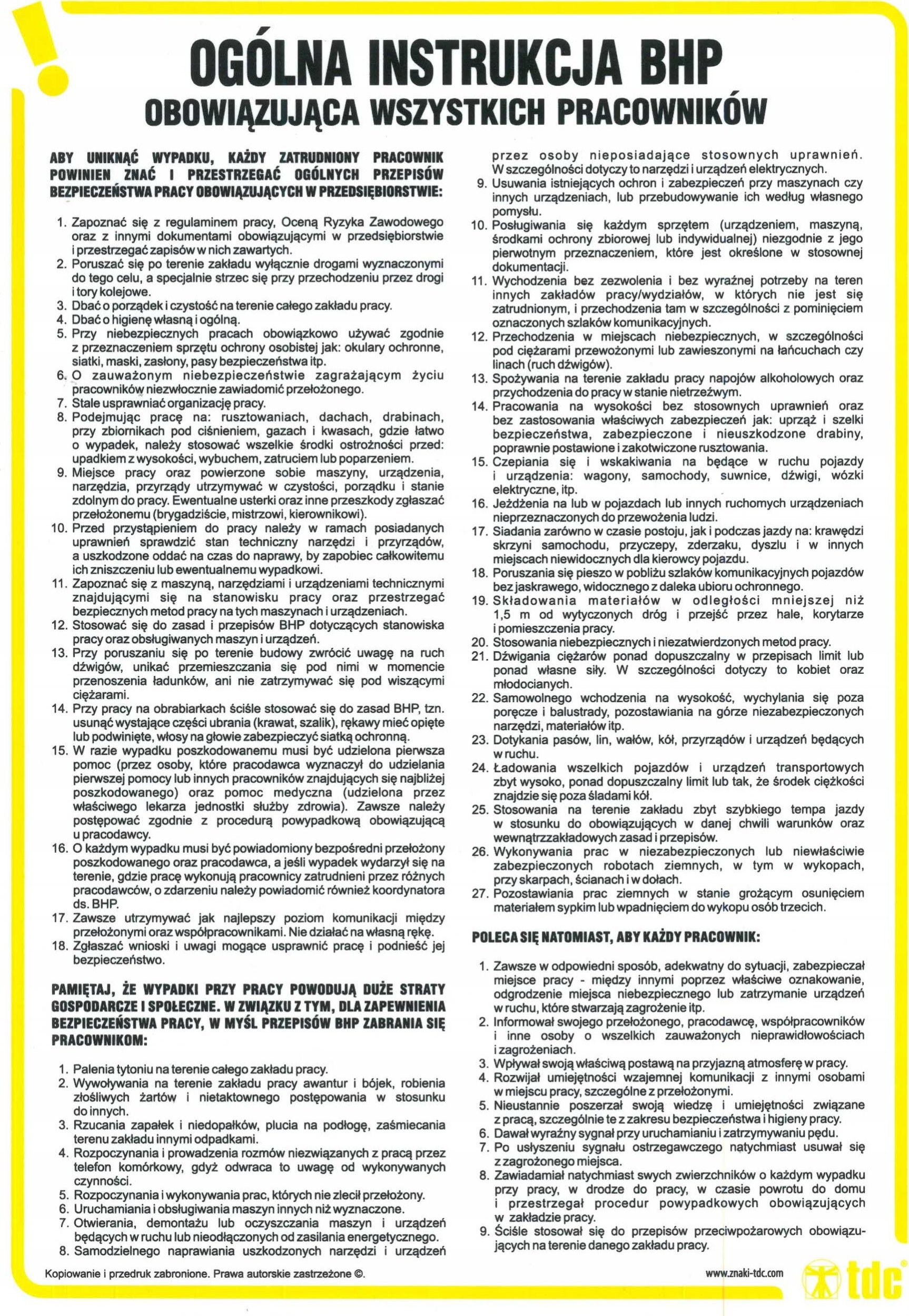 PROCERA IAA01DNCN - INSTRUKCJA OGÓLNA BHP OBOWIĄZUJĄCA WSZYSTKICH PRACOWNIKÓW