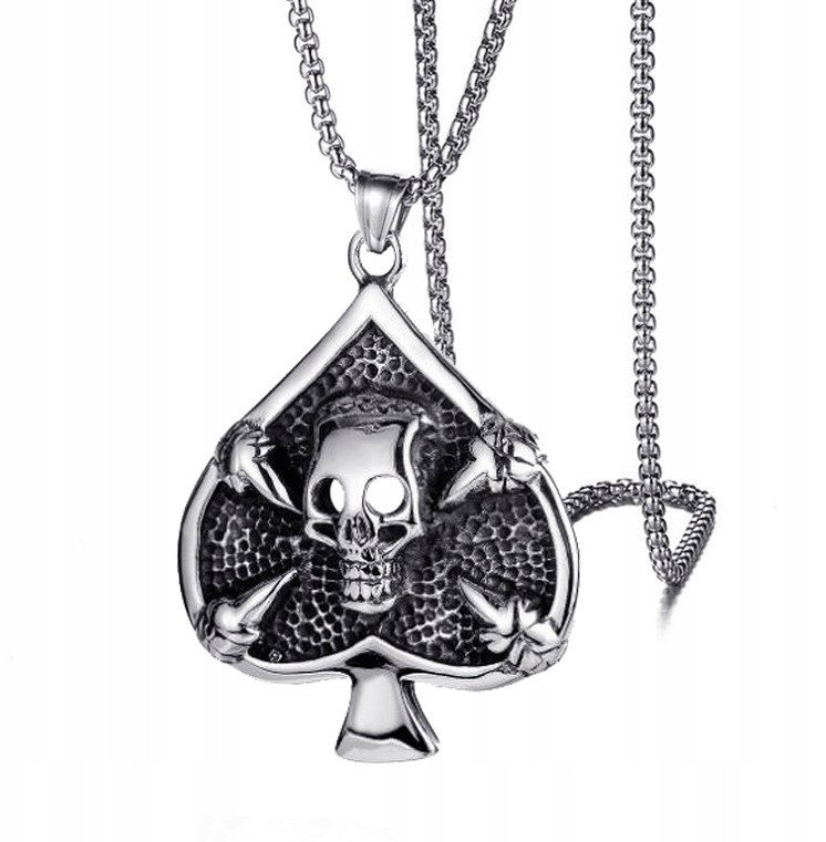 NASZYJNIK Srebrny Łańcuszek PIK CZASZKA KARTY 353