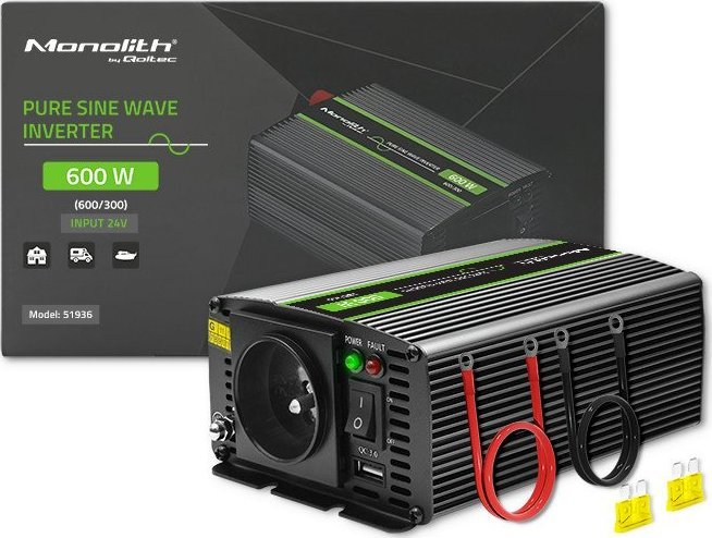 Przetwornica Qoltec Przetwornica napięcia Monolith | 300W | 600W | 24V na 230V | Czysty Sinus