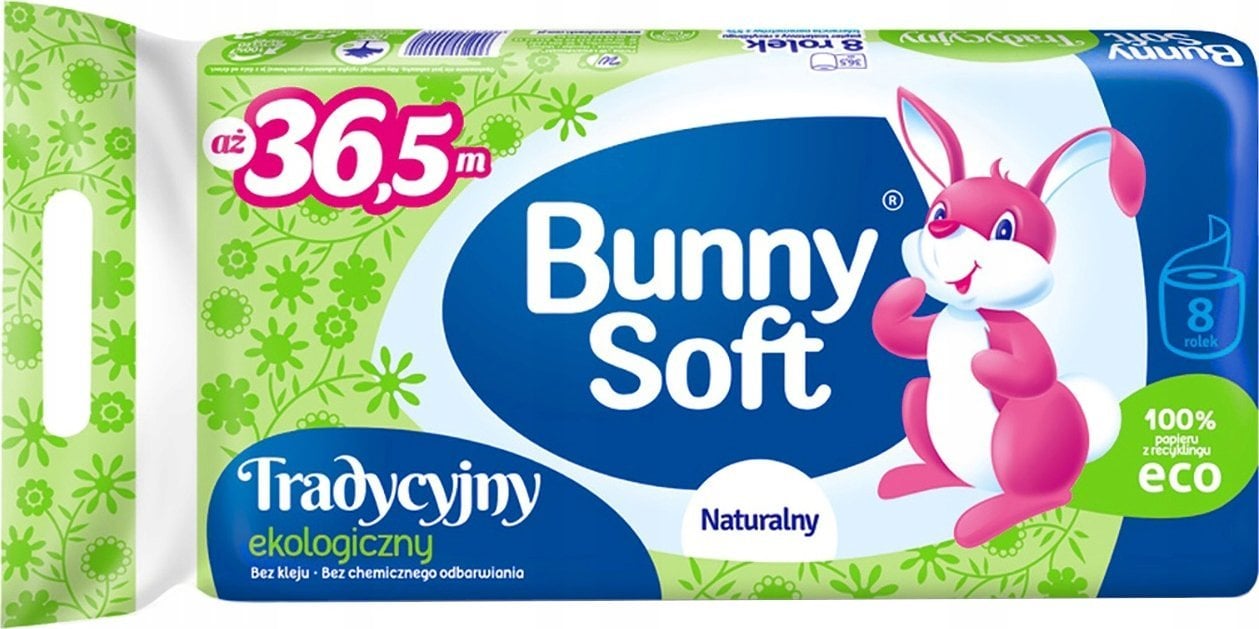 Bunny Soft Bunny Soft Tradycyjny - Miękki papier toaletowy, 100% makulatura - 8 rolek