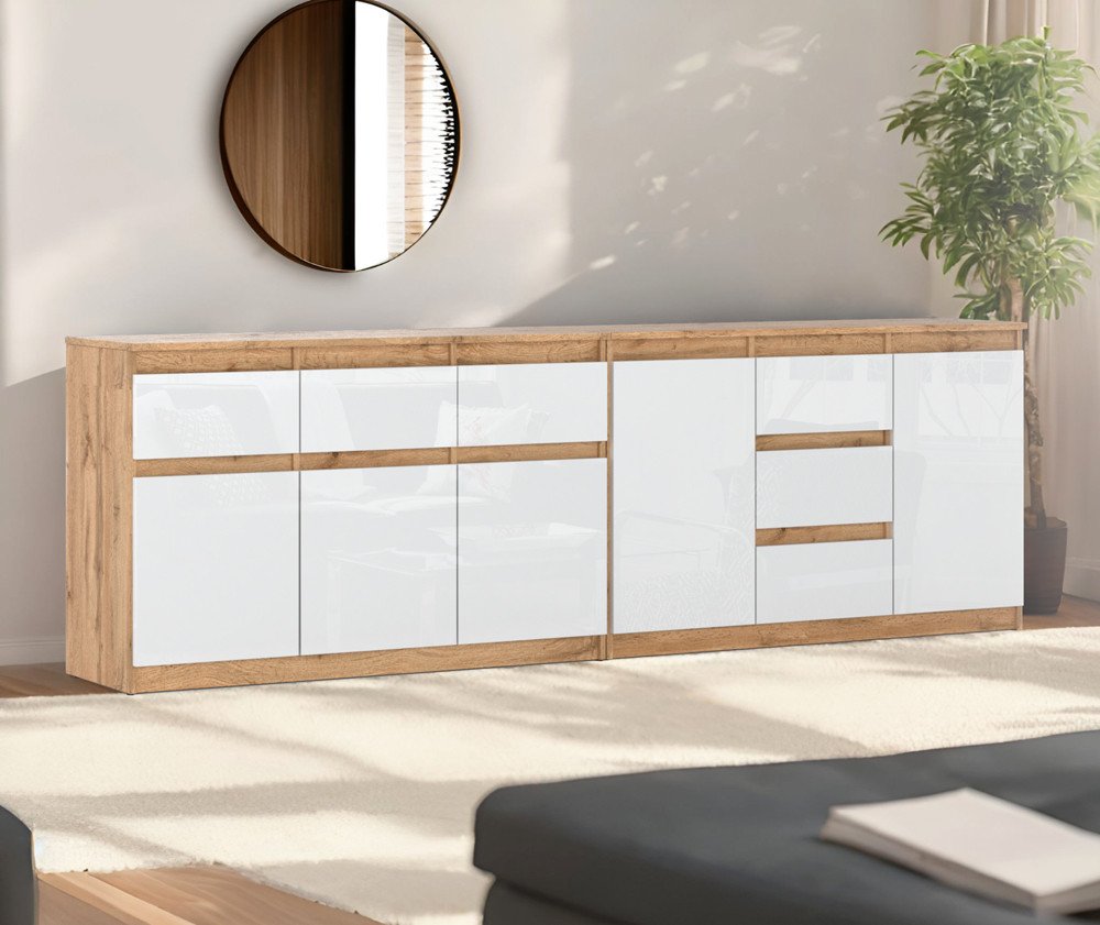Komoda Duża 6 Szuflad 240cm Szafka Salon Sypialnia Wotan Biały Połysk