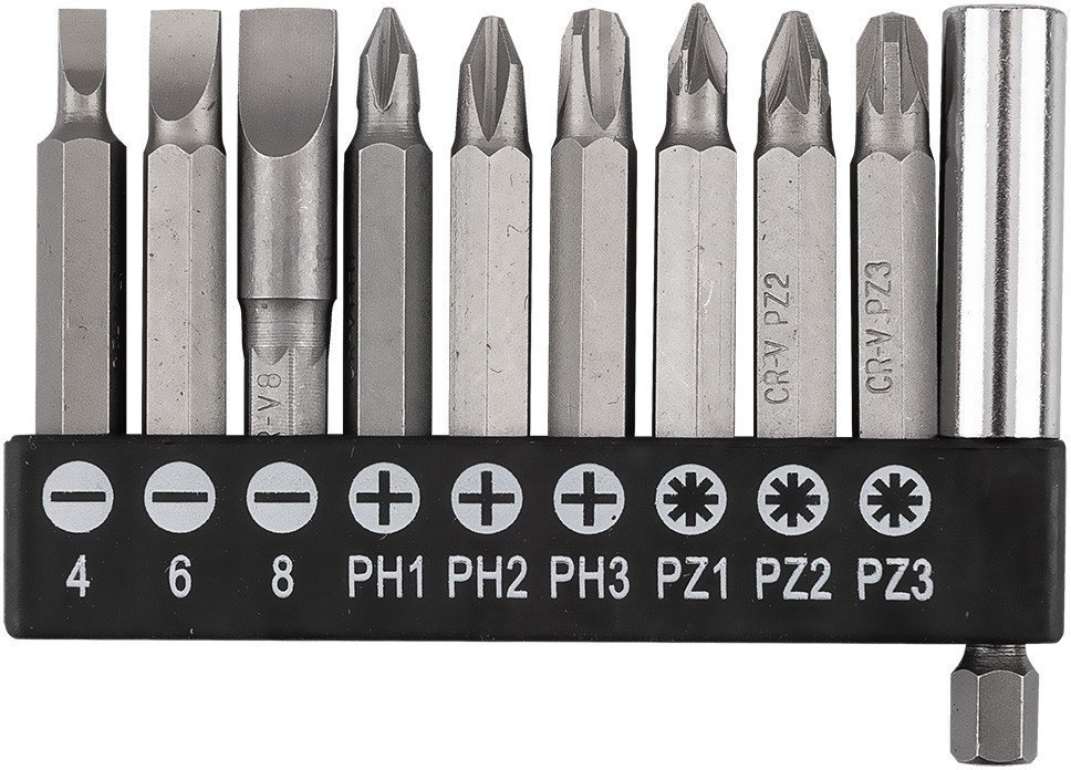 Zestaw bitów SL4/6/8, PH1/2/3, PZ1/2/3 x 50 mm, z uchwytem magnetycznym 60 mm, 10 szt.