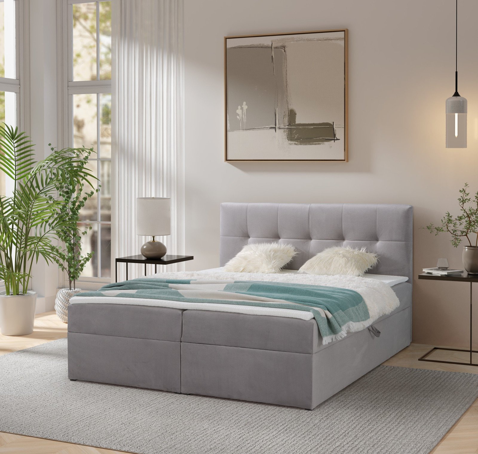 Łóżko kontynentalne Toronto 160200 (Amor Velvet 4318 - Szary) z materacem bonell i topperem