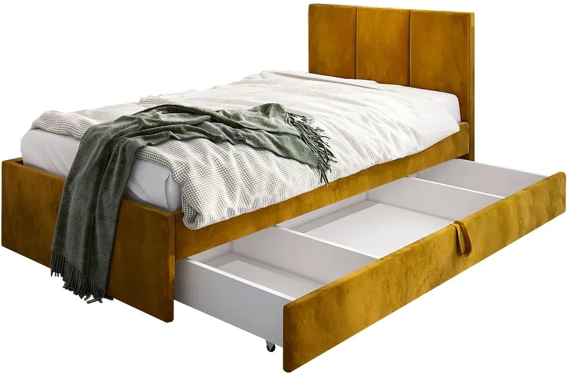 Łóżko młodzieżowe VIVO 2 100x200 curry z tapicerowanym panelem i szufladą MKPOL
