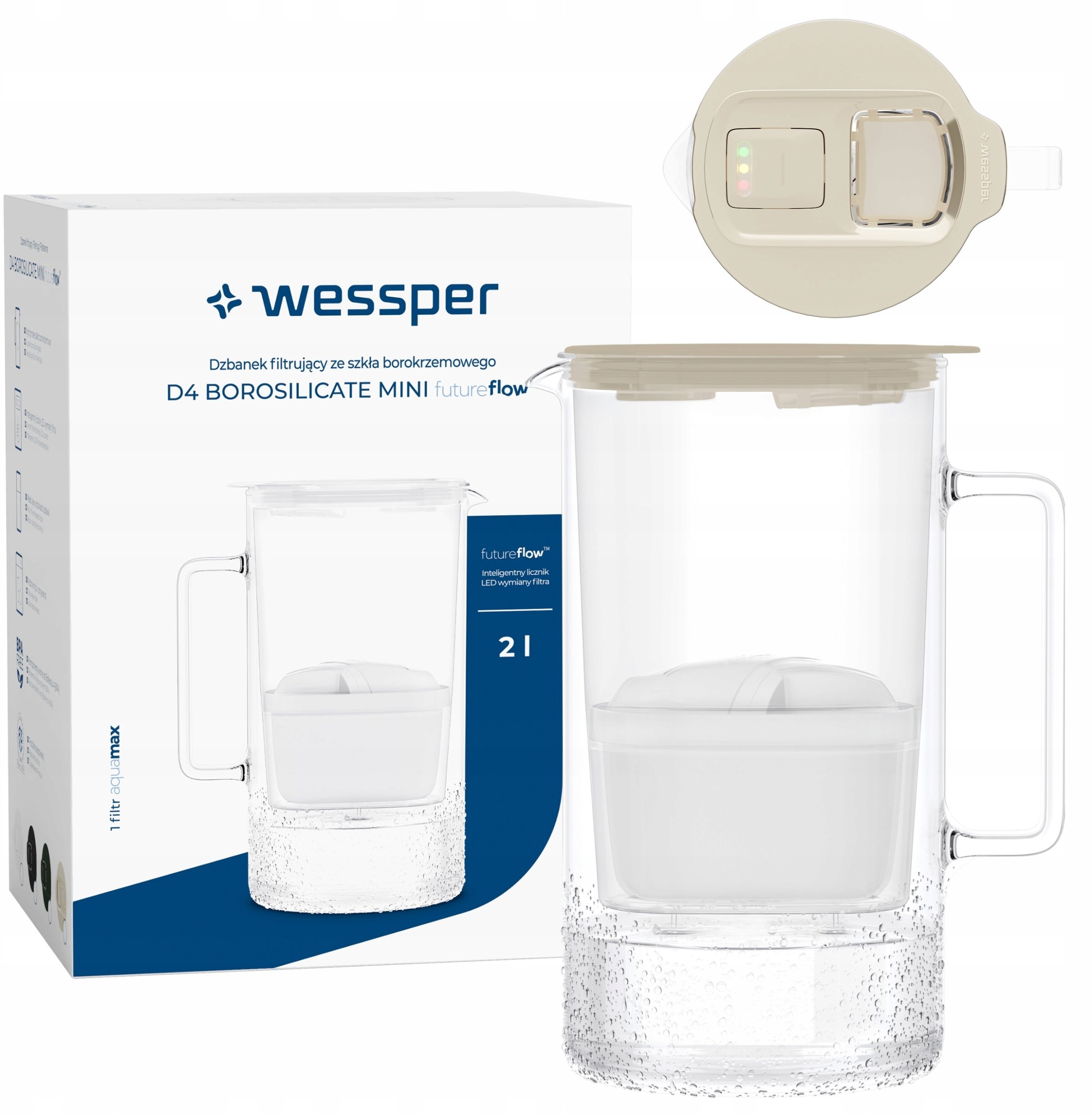 Dzbanek Wessper D4 BOROSILICATE MINI futureflow™ Aquamax (WES208-FF-BG)