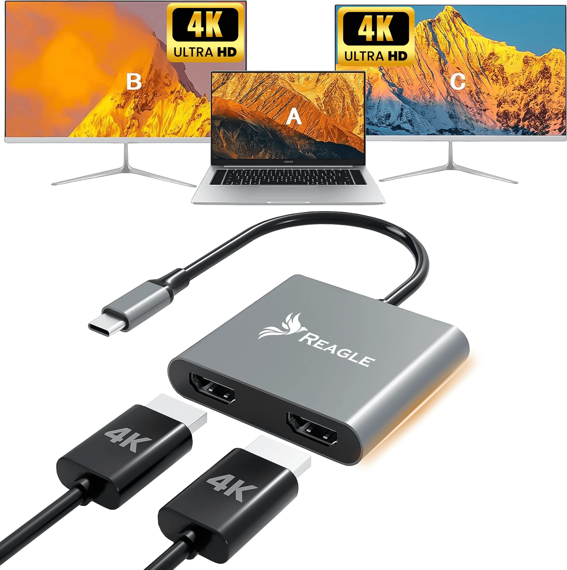 Adapter Hub Przejściówka HDMI 2x 4K 60Hz Full HD 165Hz USB-C 3.2 MST HDCP Reagle