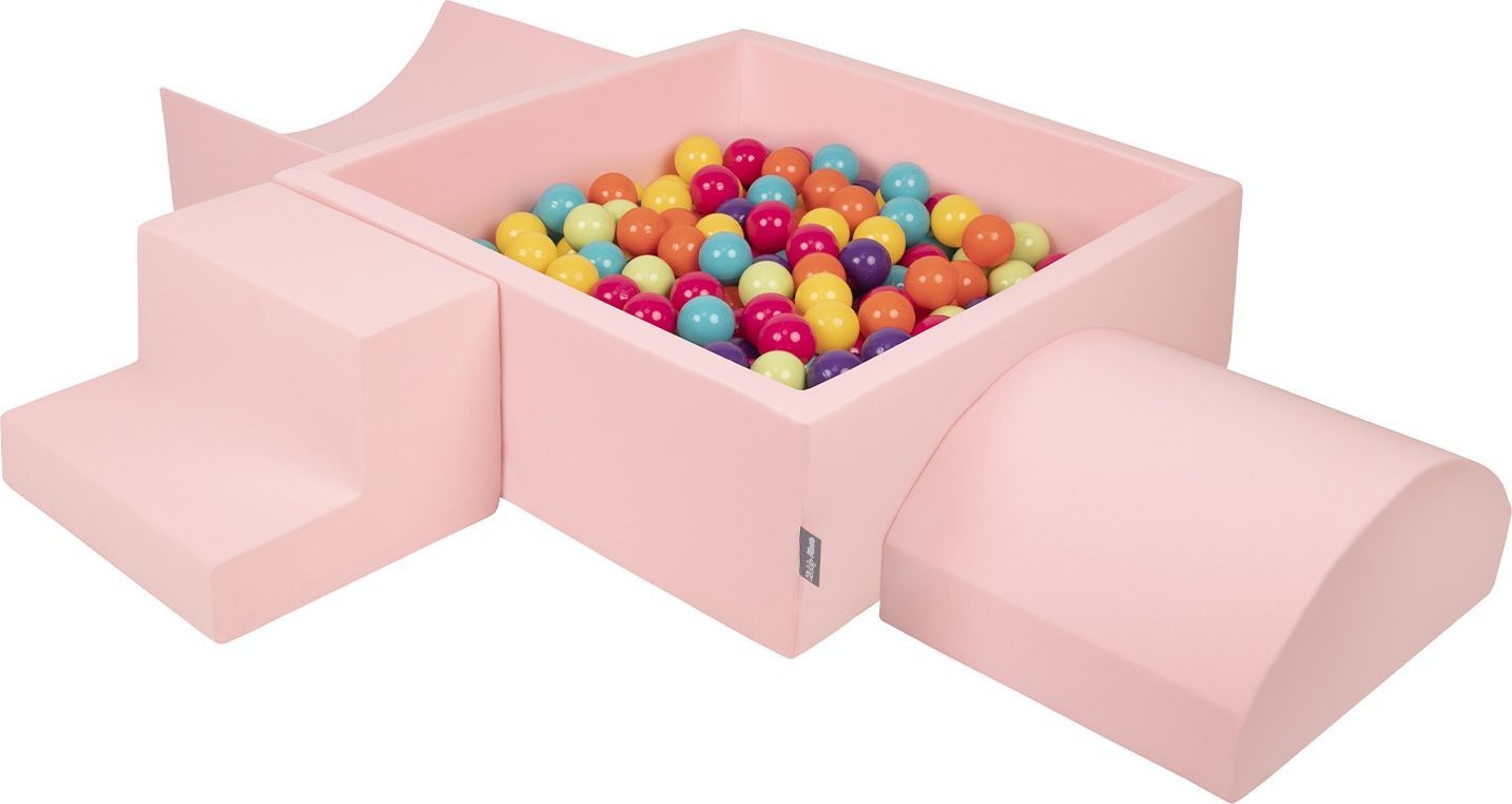 KiddyMoon Piankowy plac zabaw PPZP-KW30D-134 z piłeczkami różowy: jasny zielony-żółty-turkus-pomarańcz-ciemny róż-fiolet basen 300/rampa L/półwałek L/