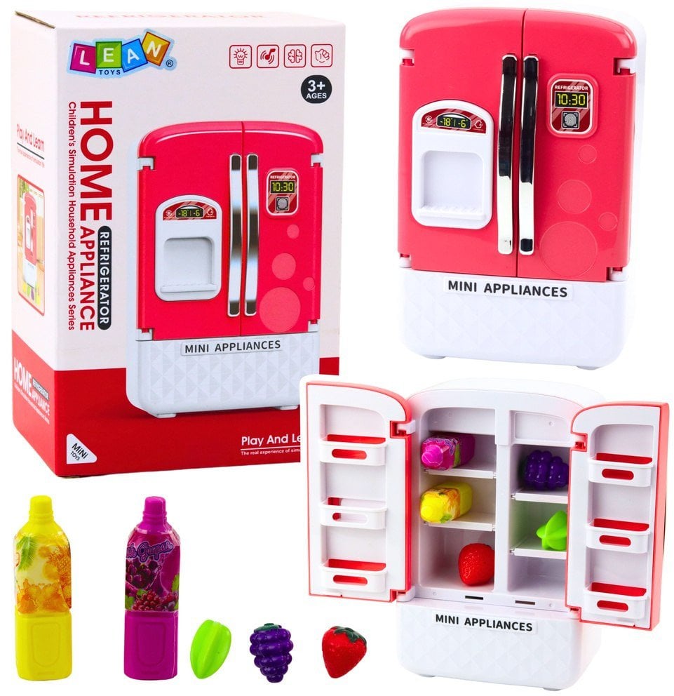 Lodówka Zabawkowa Dla Dzieci Owoce Soki Światła Dźwięki Różowa LEAN Toys