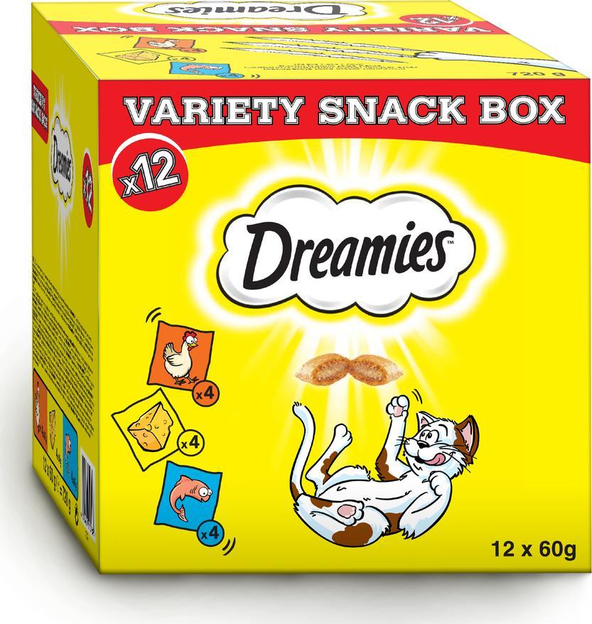 Dreamies DREAMIES Variety Snack Box karma uzupełniająca dla kotów (z kurczakiem, z serem i o smaku łososia) - 720g