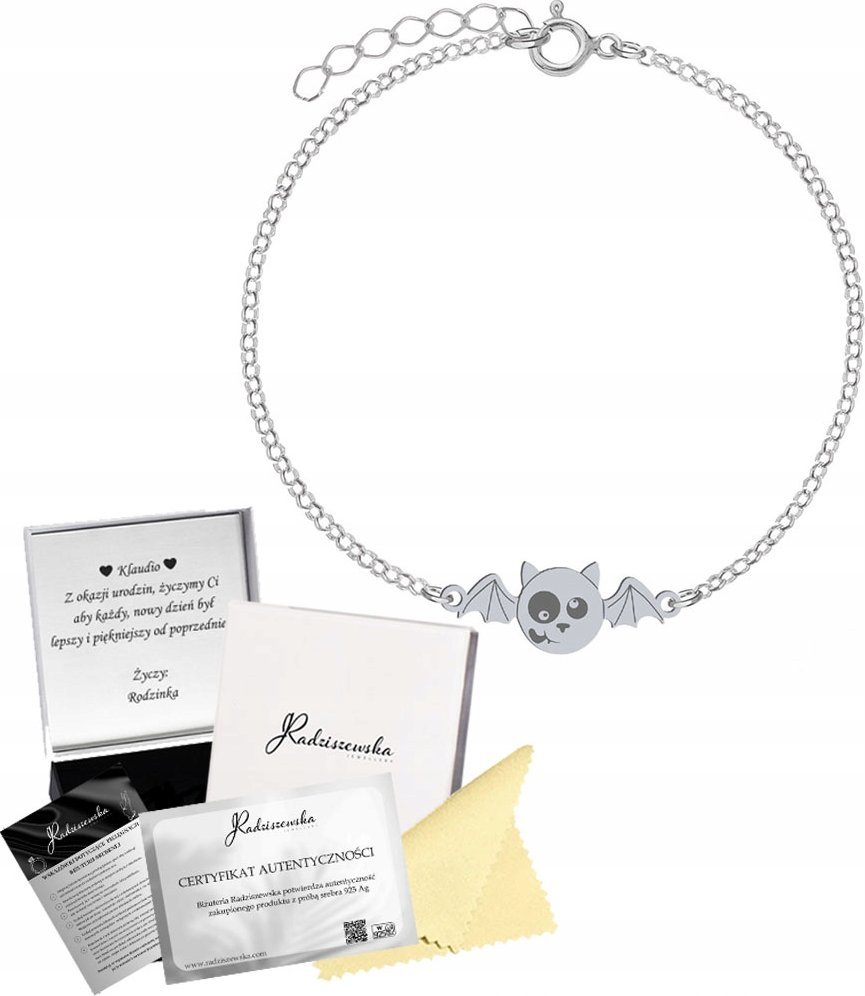 Radziszewska Jewellery Bransoletka Srebrna z Nietoperzem Halloween 925 Łańcuszek Prezent GRAWER