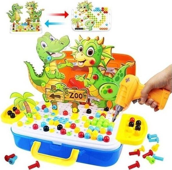 Kreatywna Mozaika W Walizce 251el. Układanka, Klocki + Wkrętarka Dinozaury Zoo Zestaw Konstrukcyjny
