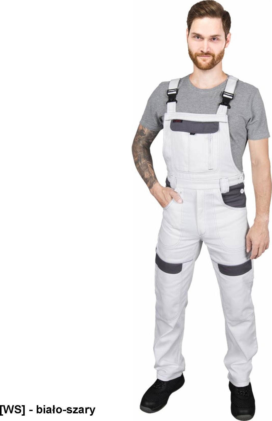 R.E.I.S. CORTON-B - Spodnie ochronne ogrodniczki CORTON, tkane 100% bawełna 260 g/m2 6 kieszeni elementy odlaskowe - biało-szary 58