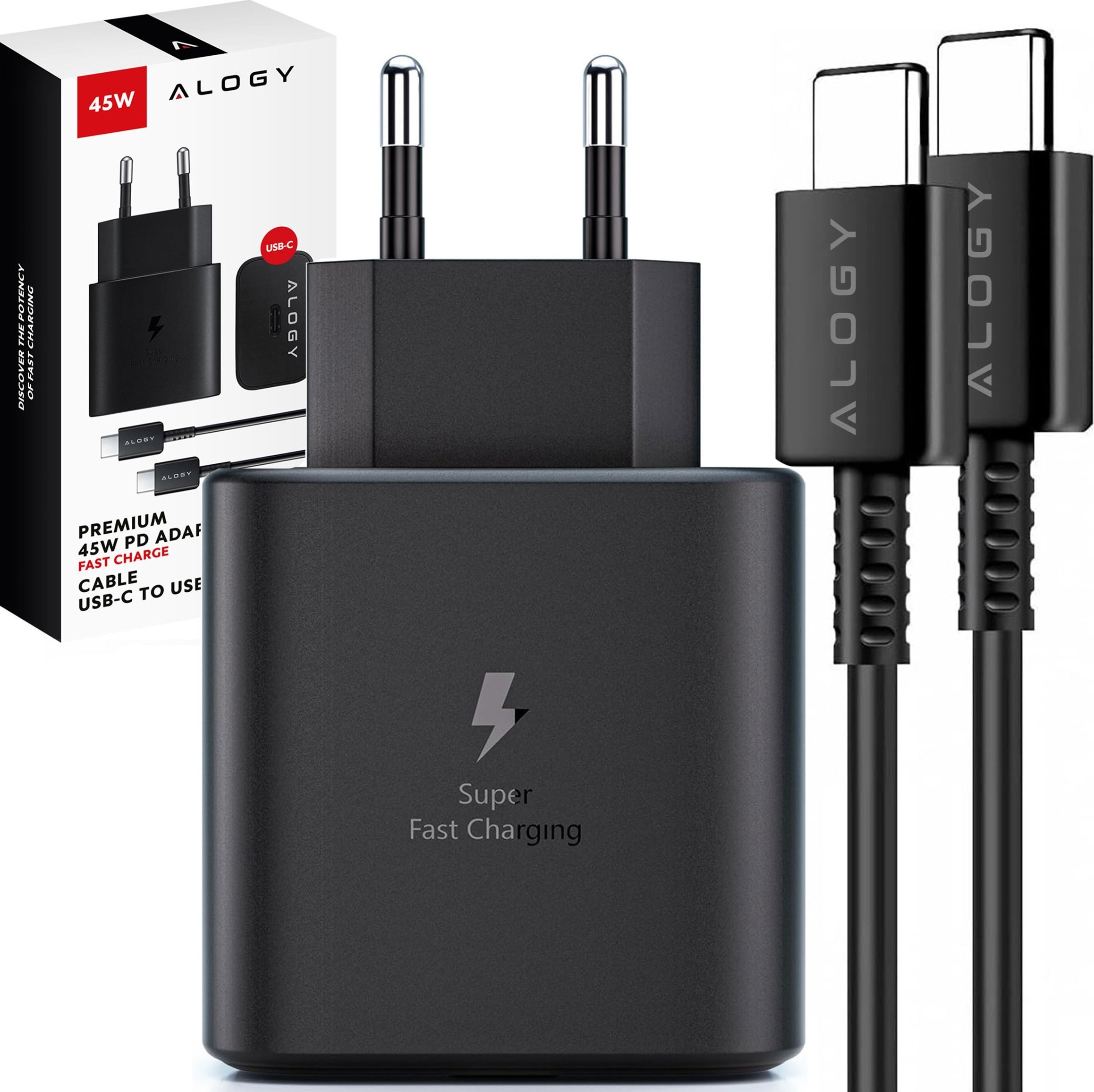 Ładowarka Alogy Ładowarka sieciowa USB-C typ C PD Premium szybka 45W 3A + Kabel Type-C 1M Alogy czarna