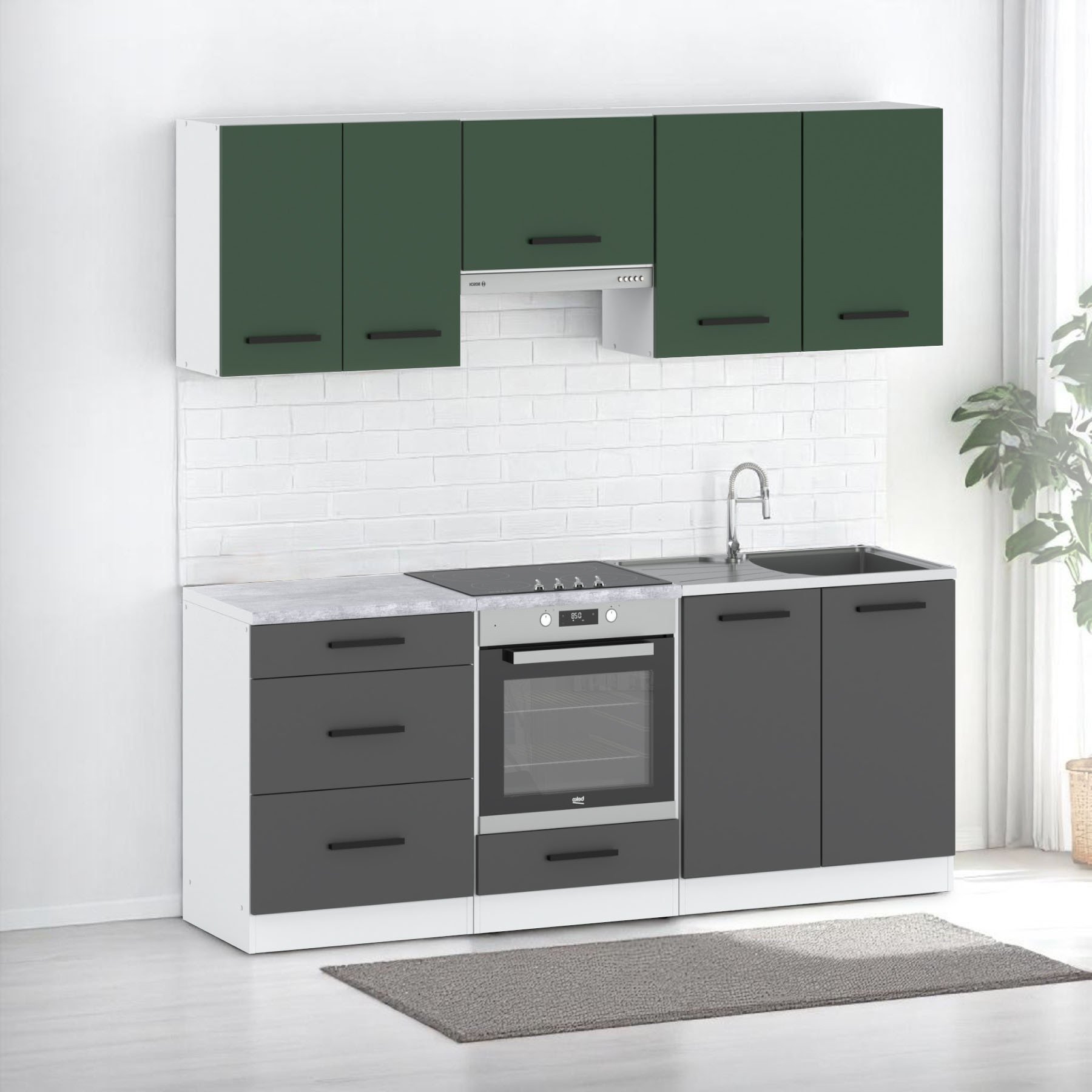 Zestaw Mebli Kuchennych Modułowy Z Blatem 2.0m Biały Butelkowa Zieleń Szary