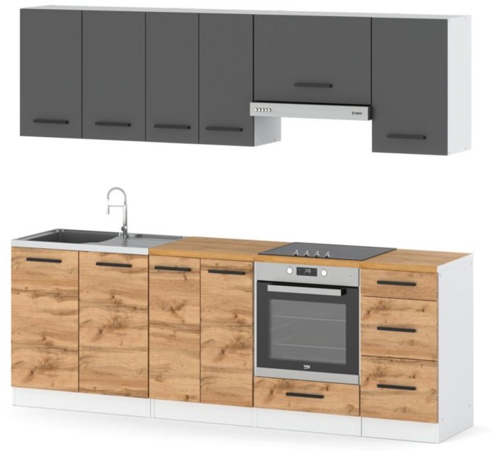 Kuchnia Mokka Plus 2.4m Modułowa Z Blatem Pojemna Biała Szara Mat Dąb Wotan