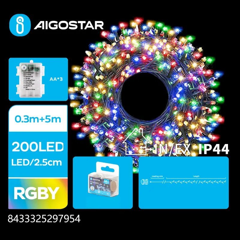 Lampki choinkowe Aigostar Lampki choinkowe fajerwerkowa na 3 baterie AA, RGBY, 5m Płaska taśma świetlna fajerwerkowa na 3 baterie AA, RGBY, 5m