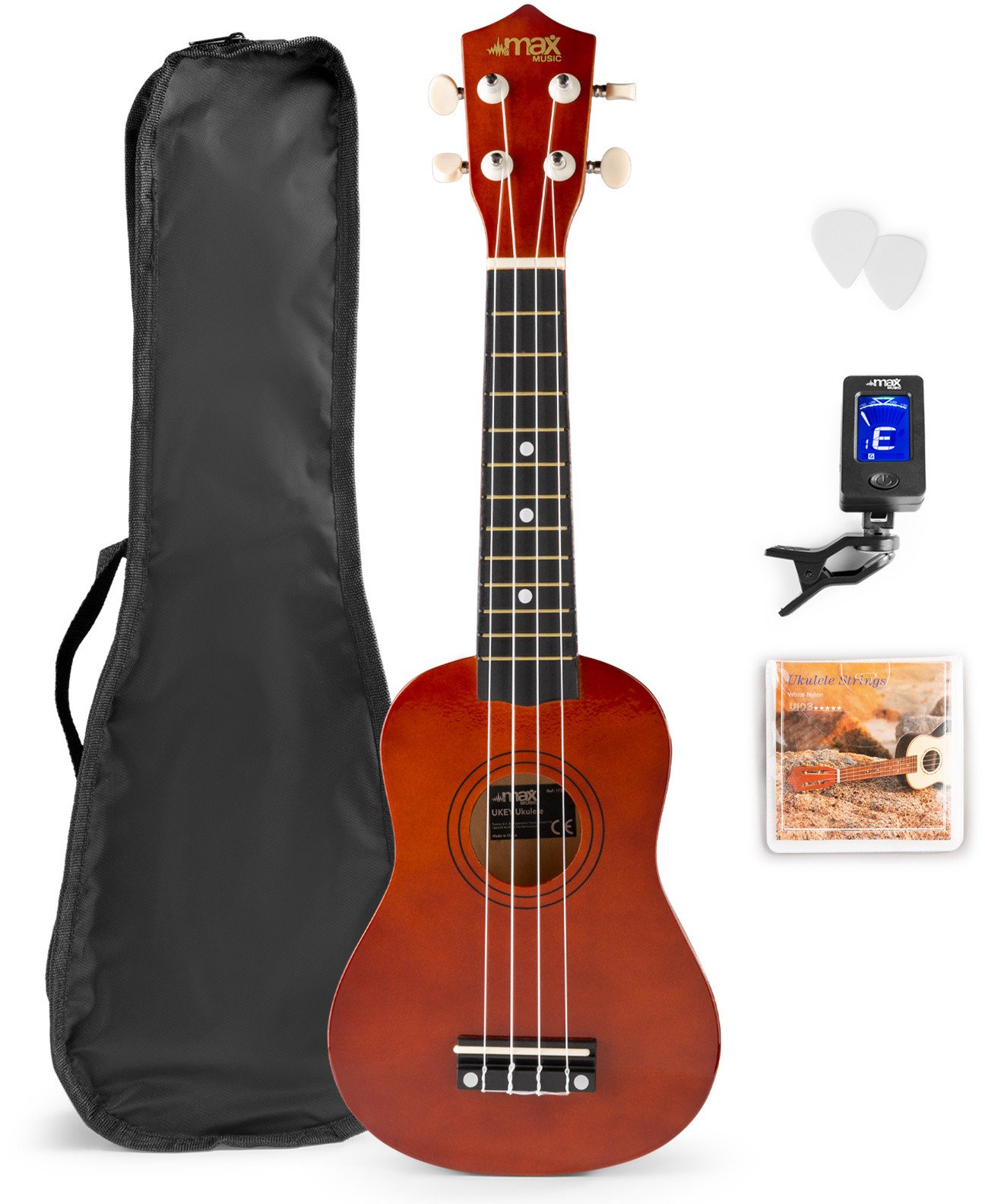 Zestaw: Ukulele sopranowe Max UKEY brązowe+ tuner dwie kostki struny pokrowiec one size