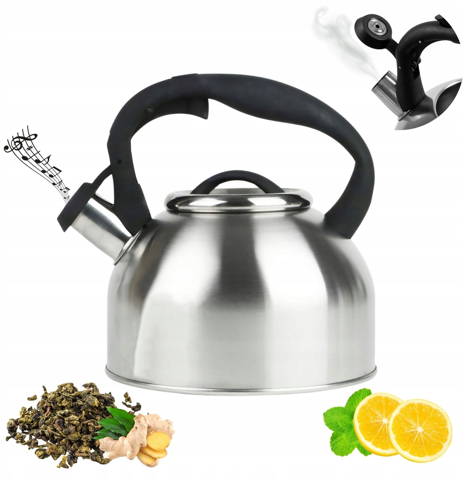 SREBRNY CZAJNIK Z GWIZDKIEM TRADYCYJNY 2,5 L INDUKCJA GAZ STAL NIERDZEWNA