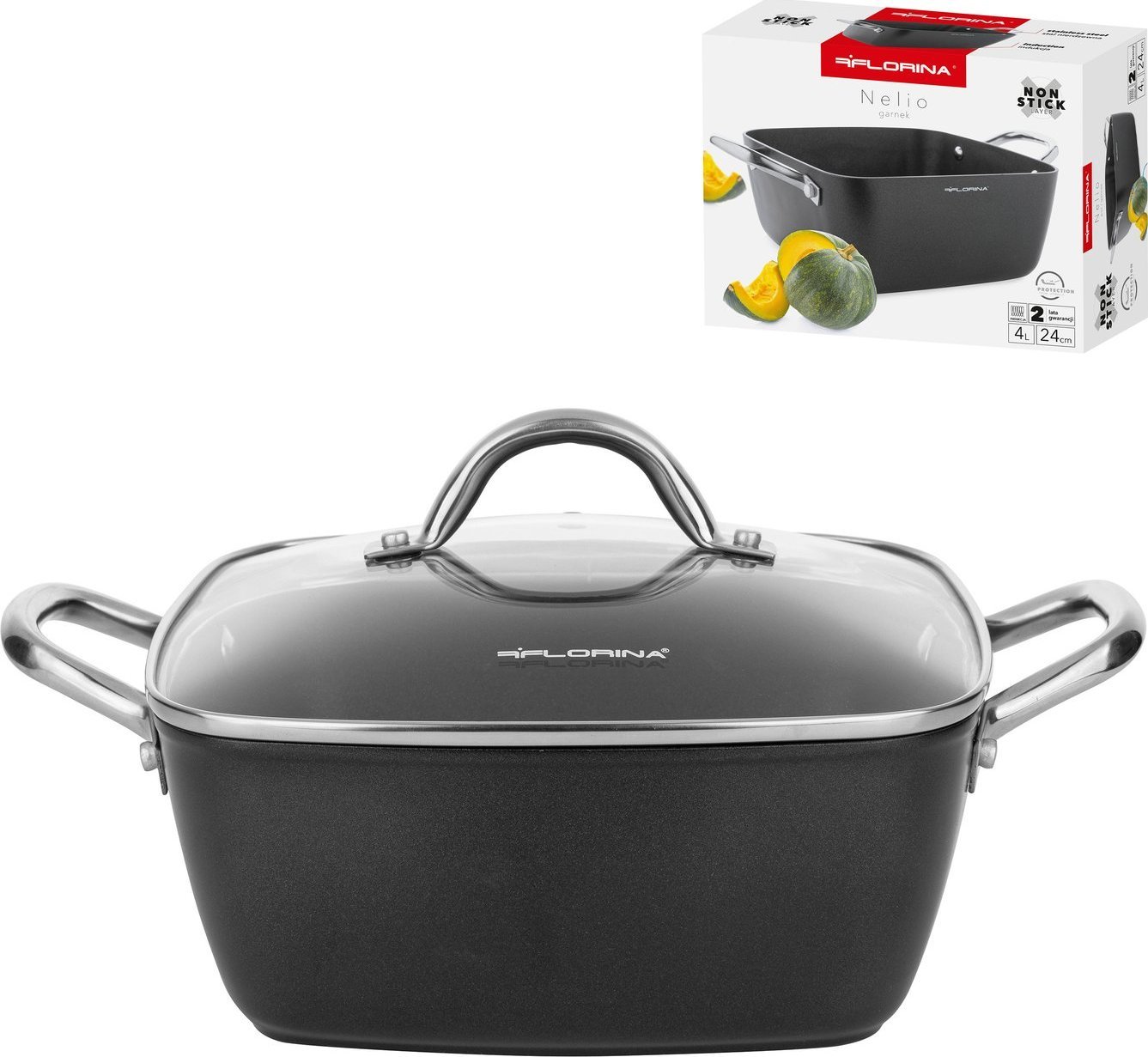 Florina Garnek aluminiowy Florina Nelio kwadratowy z pokrywką 24 cm 4 l