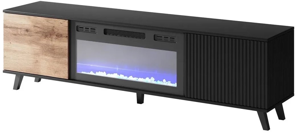 Szafka RTV RANDOM 180cm dąb wotan/czarna z kominkiem elektrycznym HALMAR