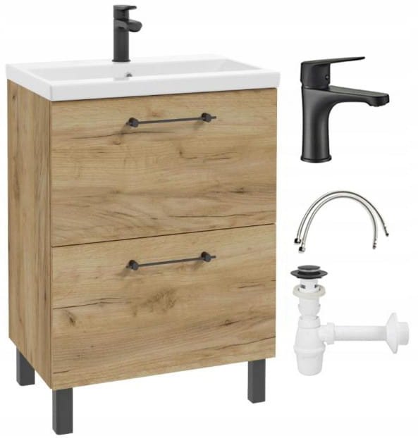Szafka łazienkowa z umywalką baterią i syfonem 50x80cm Stojąca Dąb Craft Cassandra