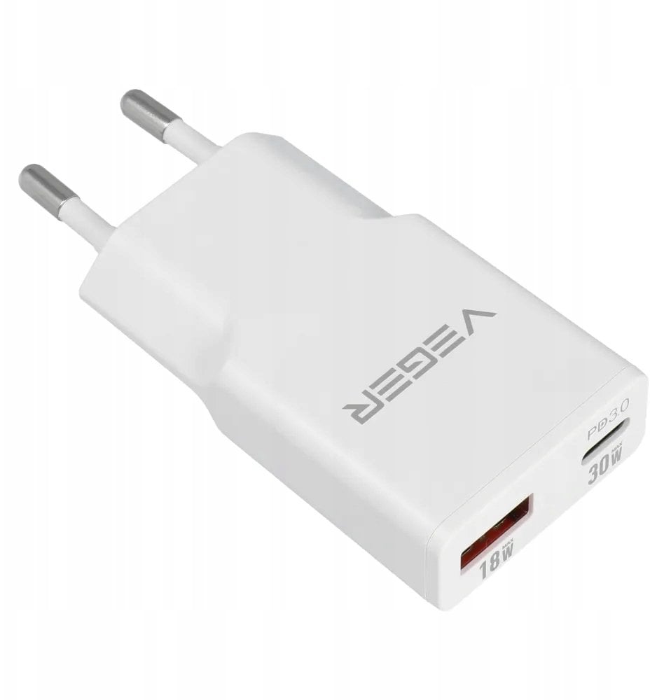 Ładowarka sieciowa do telefonu VEGER USB A + USB C QC PD 30W 30W1A1C biała