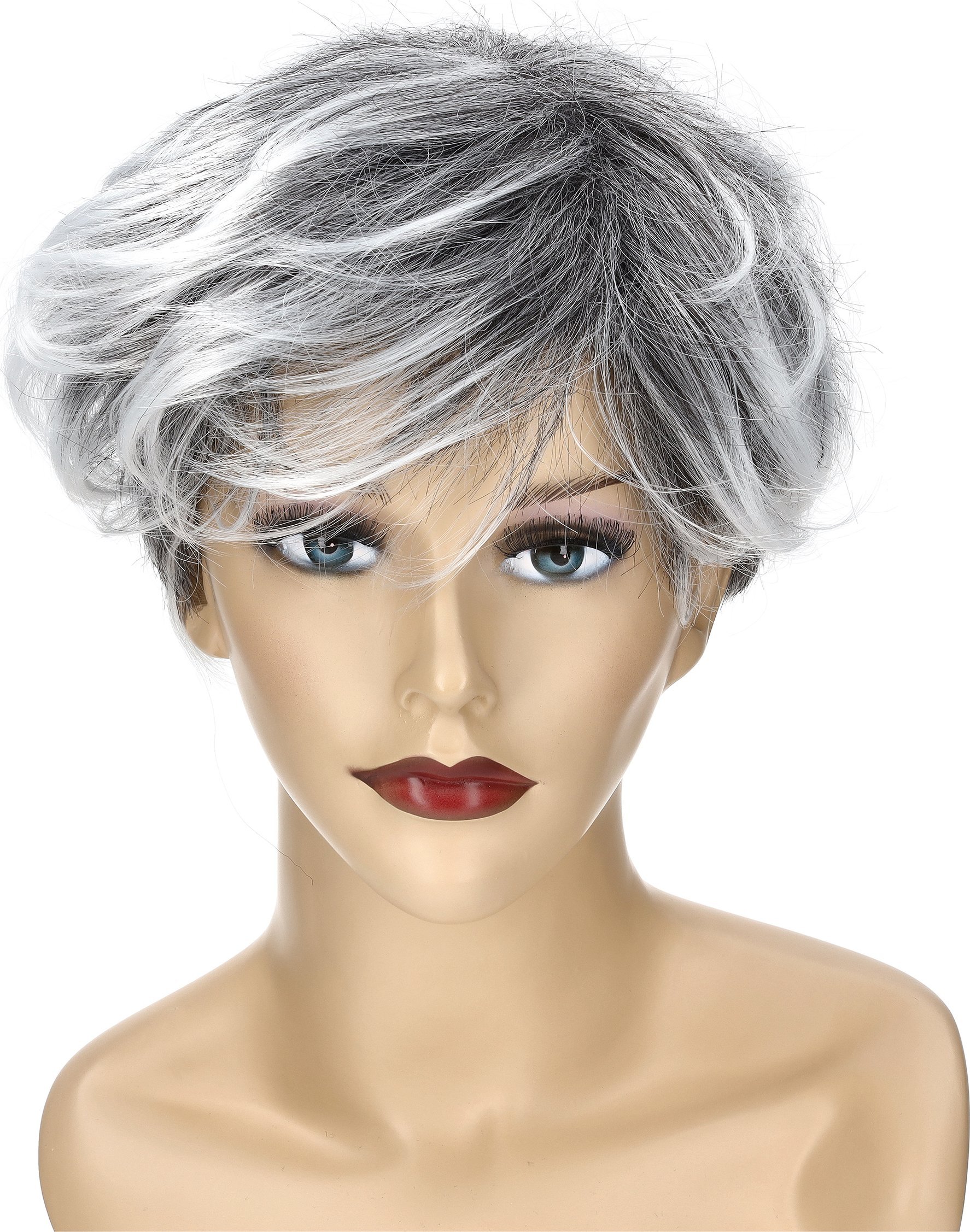 Korbi PERUKA WŁOSY SIWE PASEMKA KRÓTKIE GRZYWKA NA SIATCE W77