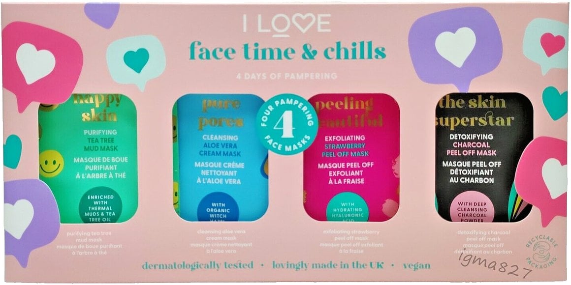 Time & Chills Set I Love: Beautiful Peeling, Peeling, Sheet Mask, For Face, 10 ml + Skin Superstar, Detoxifying, Sheet Mask, For Face, 10 ml + Happy S