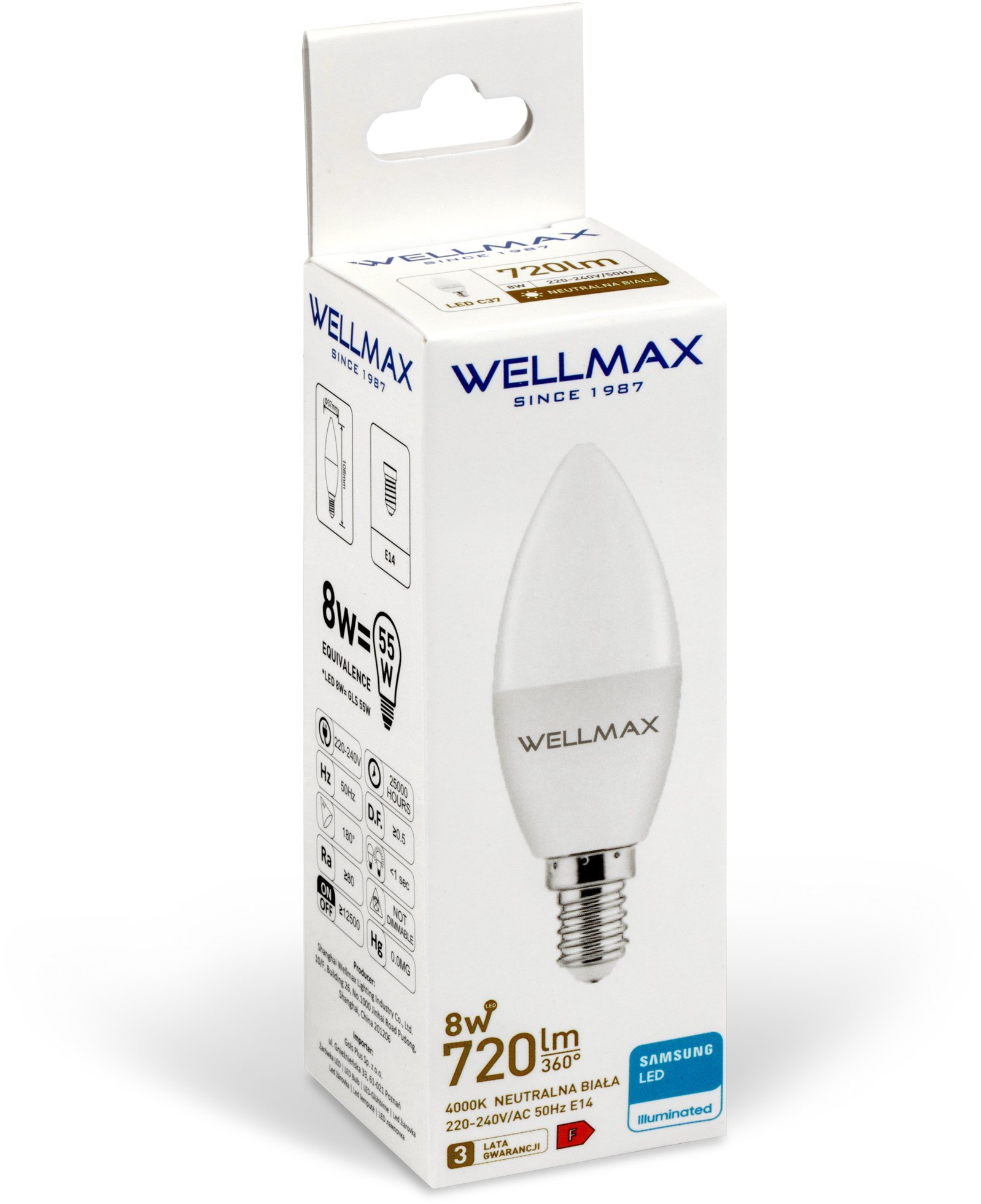 Wellmax Żarówka LED 8W E14 Świeczka 720lm Neutralny 4000K SAMSUNG / GOL111N08