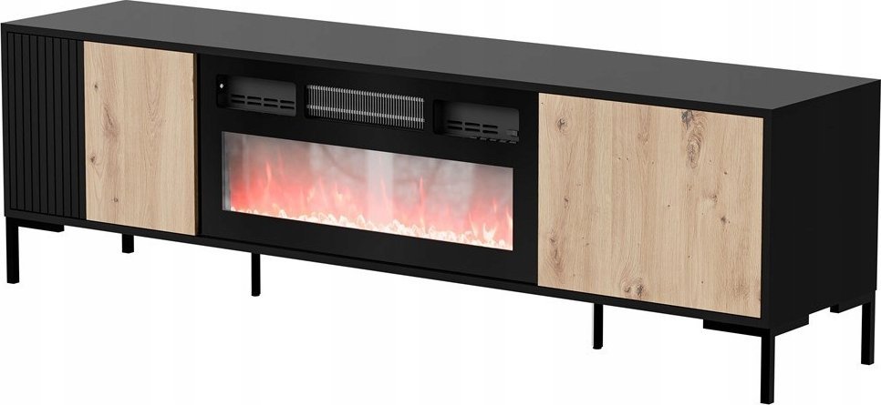 Cama Meble Szafka RTV MERCI 180x40x53,5 czarny/dąb artisan + kominek