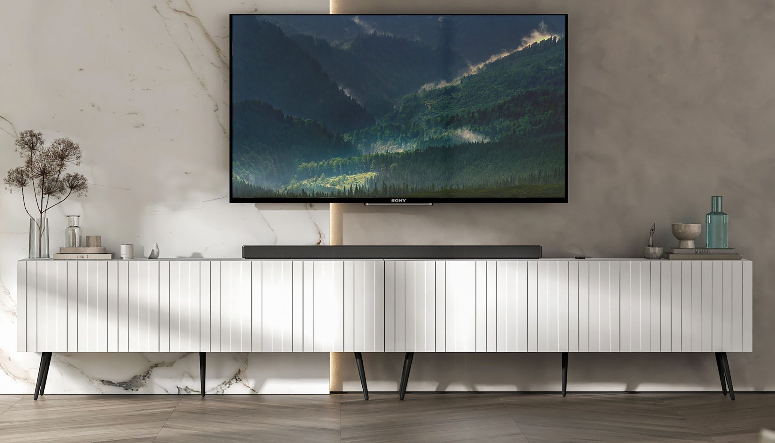 Szafka RTV Glamour pod Telewizor Biały Mat Loft Industrialna 300 cm RTV Nogi Metalowe