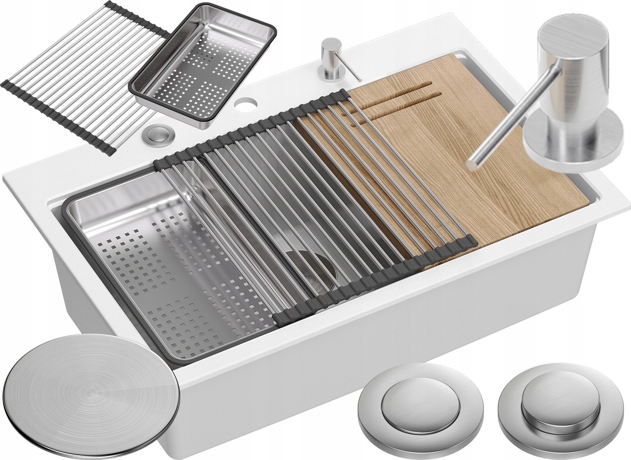 Zlewozmywak GraniteQ Zlewozmywak granitowy MARC 1-komorowy 76x50 cm biały/snow white + elementy stal szlachetna