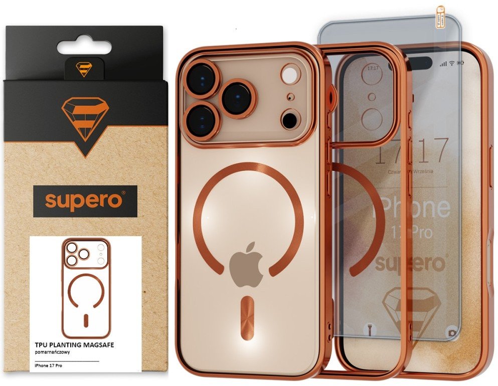 Etui Supero Tpuplating MagSafe do iPhone 17 Pro, pomarańczowo-przezroczyste + szkło