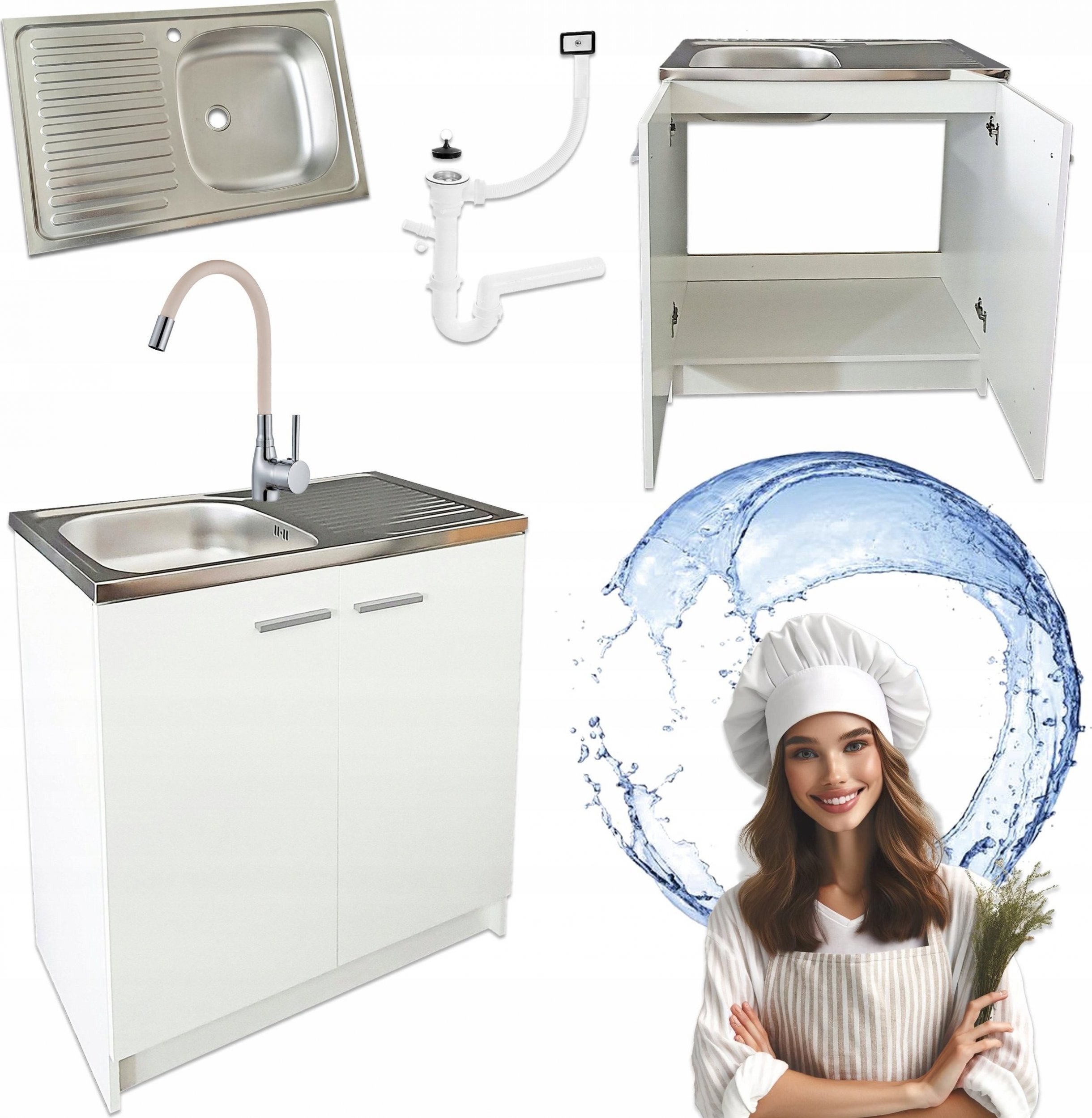 Stamar Biała Szafka Kuchenna Stojąca 80 cm + Zlew Ociekacz Bateria Elastyczna Beż