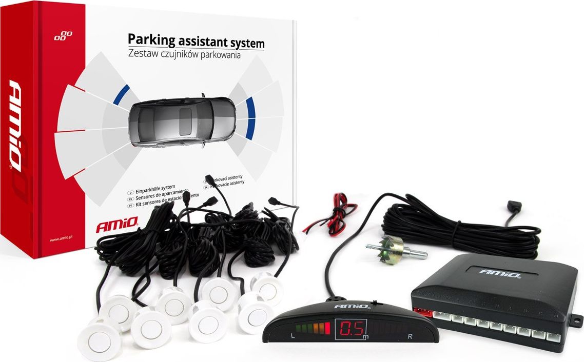 AMiO Zestaw czujników parkowania cofania led 8 sensorów białe