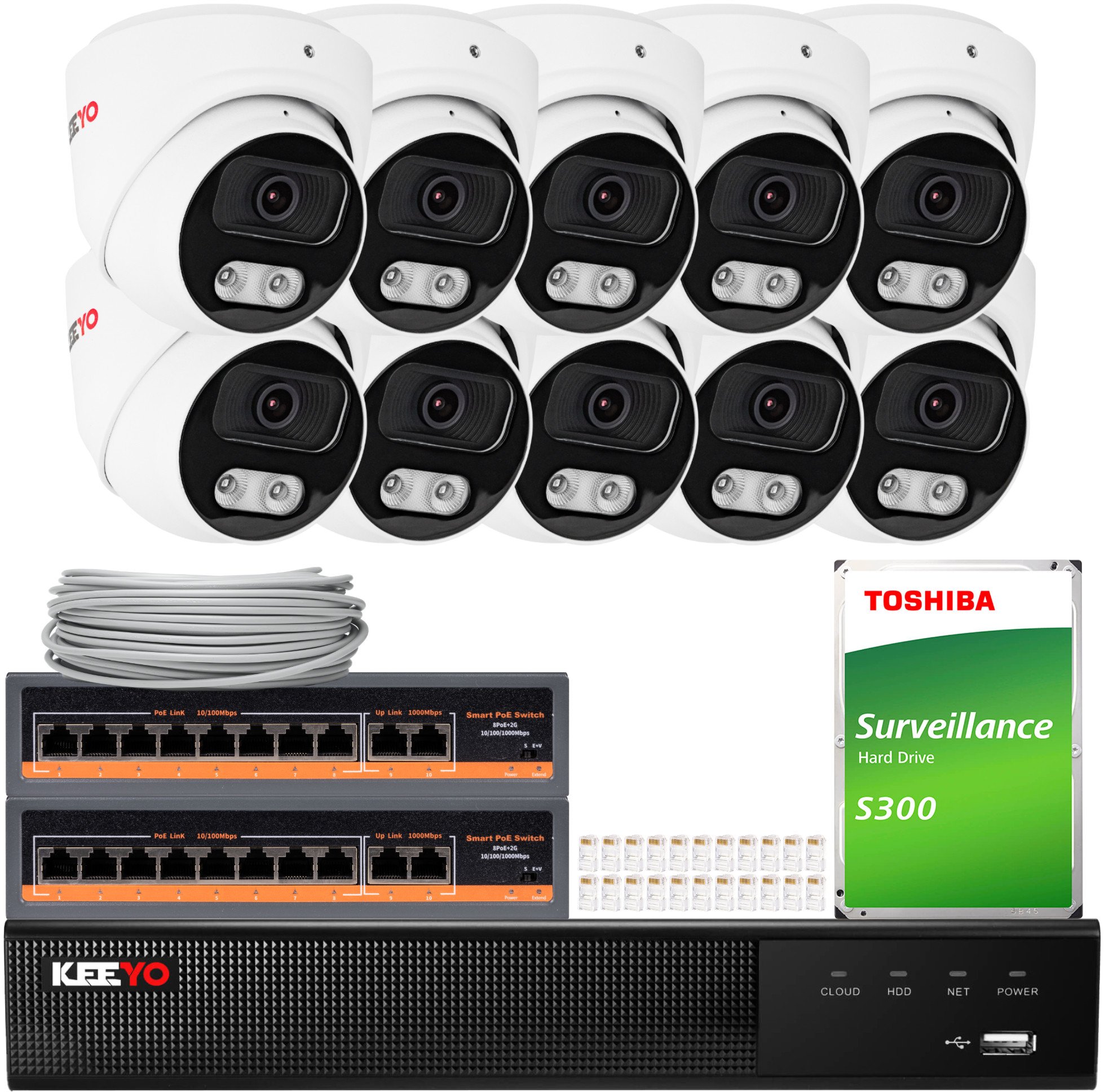 Zestaw do monitoringu IP KEEYO 10x LV-V-IP5M25DF-B-II 5Mpx, IR 25m, Audio, AI, Sony Starvis