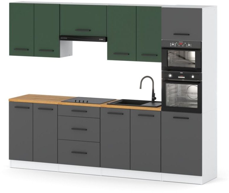 Zestaw Kuchenny Modułowy Z Blatem Słupek 2.6m Biały Butelkowa Zieleń Szary