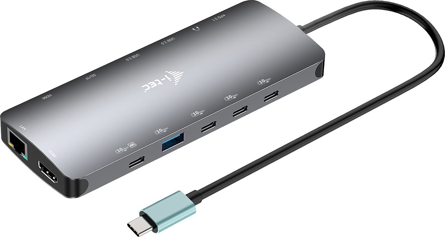 I-TEC USB-C Metal Nano Dock 2x HDMI 1x USB-C Video 1x GLAN 1x Audio/Mic 1xSD/microSD 1x USB 3.2 3x USB-C 3.2 Gen2 2x USB 2.0 PD140W