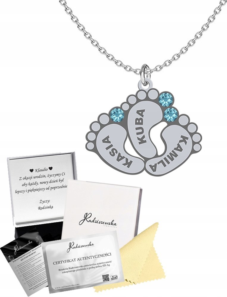 Radziszewska Jewellery Naszyjnik Srebrny ze STÓPKAMI Imię Dziecka Łańcuszek 925 Dzień Mamy GRAWER
