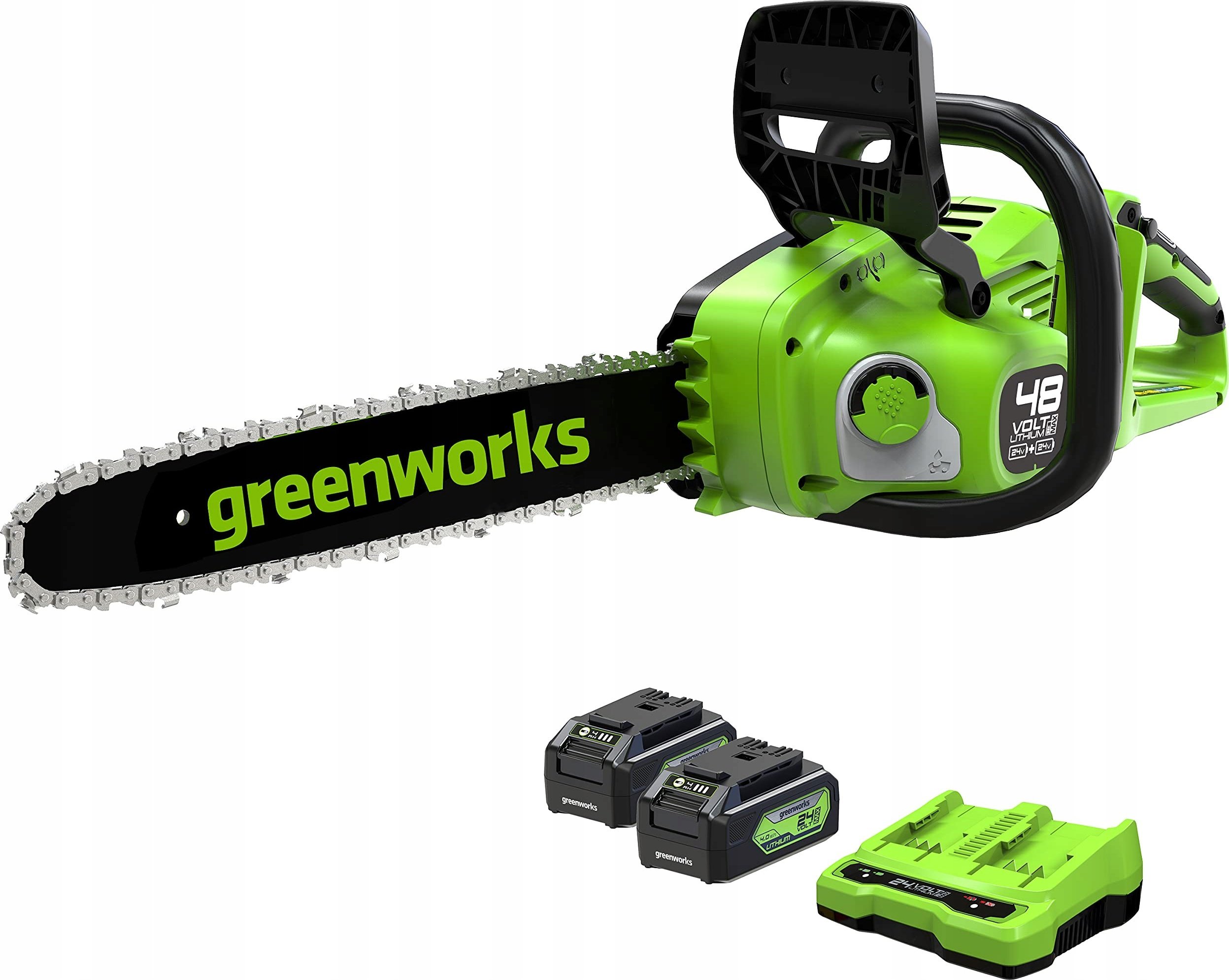 Greenworks 2x24 V pilarka łańcuchowa Greenworks 36 cm GD24X2CS36K4X zestaw z ładowarką i 2x aku 4.0 Ah